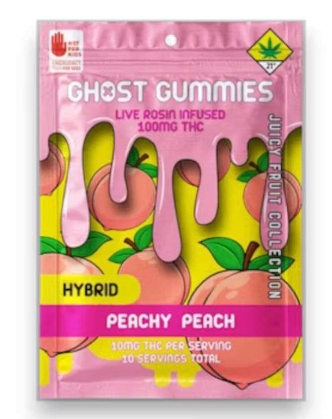 Ghost Man Live rosin gummies in a pink package that says Peachy Peach