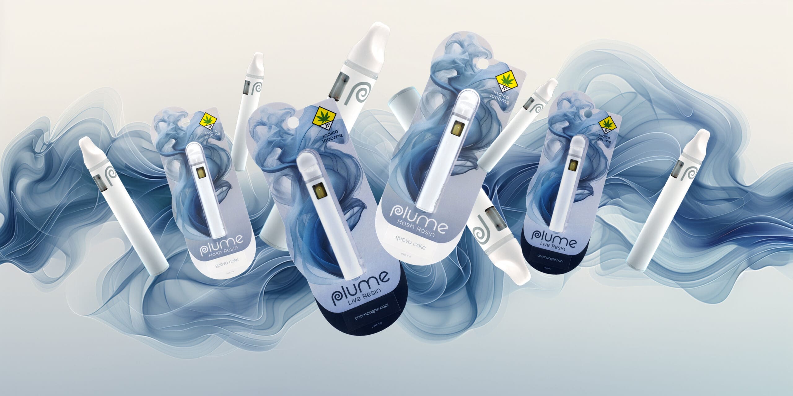 blue and white plume packaging on a white background